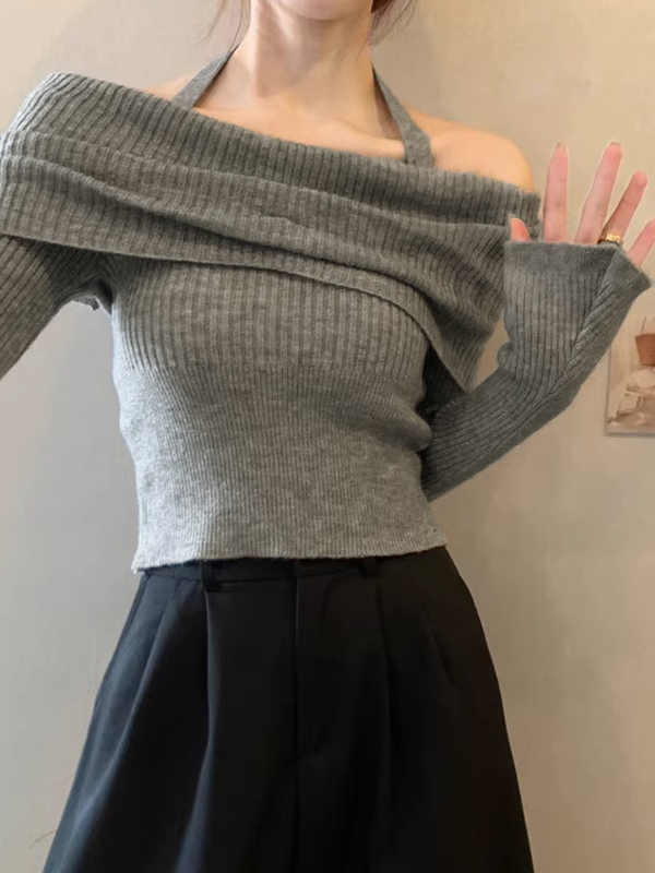 Solid Halter Ruched Cold Shoulder Sweater-4
