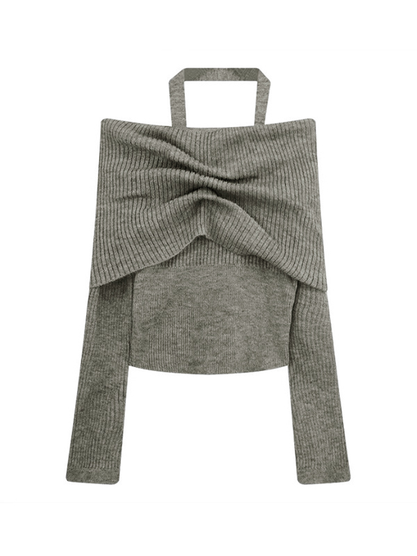 Solid Halter Ruched Cold Shoulder Sweater-5